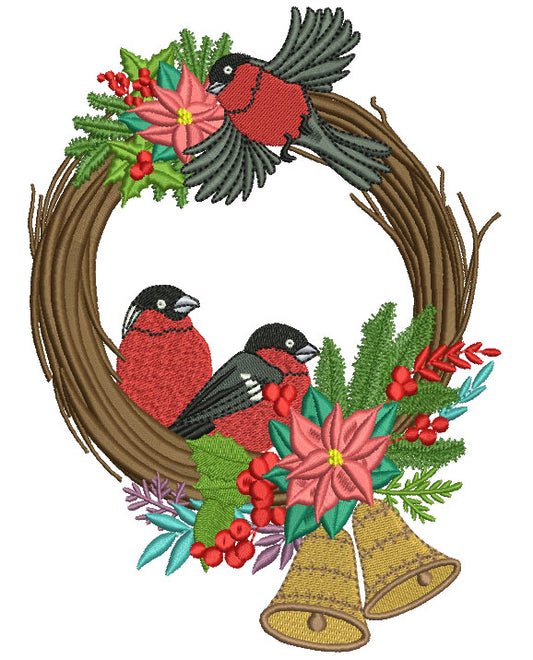 Two Red Robins Sitting Inside Christmas Wreath With Bells Filled Machine Embroidery Design Digitized Pattern