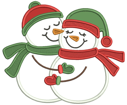 Two Snowman Hugging Each Other Christmas Applique Machine Embroidery Design Digitized Pattern