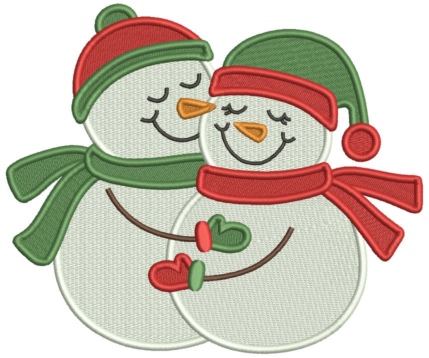 Two Snowman Hugging Each Other Christmas Filled Machine Embroidery Design Digitized Pattern