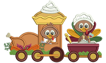 Two Turkeys Riding On a Turkey Train With Carrots Thanksgiving Applique Machine Embroidery Design Digitized Pattern