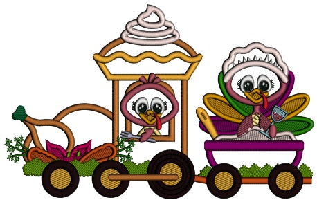Two Turkeys Riding On a Turkey Train With Carrots Thanksgiving Applique Machine Embroidery Design Digitized Pattern