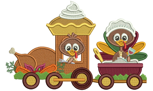 Two Turkeys Riding On a Turkey Train With Carrots Thanksgiving Filled Machine Embroidery Design Digitized Pattern