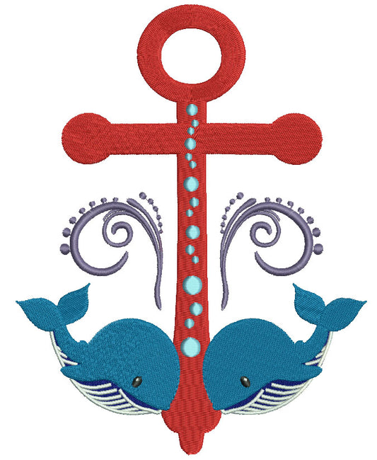Two Whales and boat Anchor Filled Machine Embroidery Digitized Design Pattern