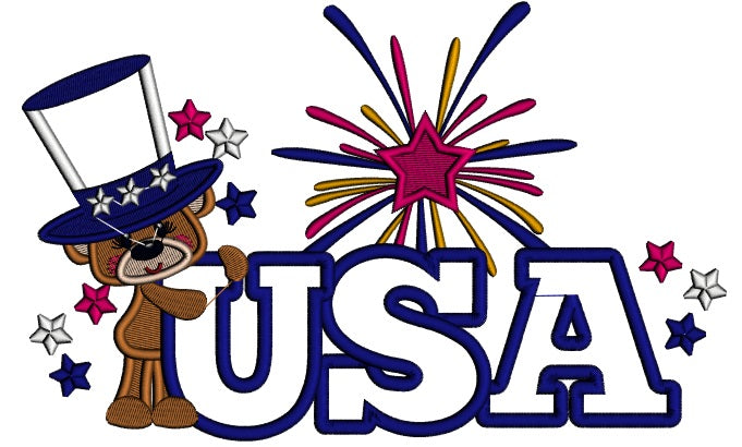 USA Little Bear Wearing a Big American Hat Patriotic Applique Machine Embroidery Design Digitized Pattern