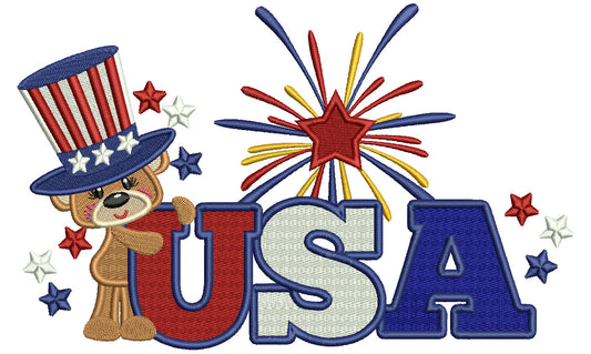 USA Little Bear Wearing a Big American Hat Patriotic Filled Machine Embroidery Design Digitized Pattern