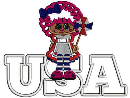 USA Little Girl With a Bow Patriotic Applique Machine Embroidery Digitized Design Pattern