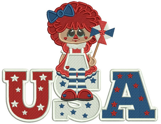 USA Little Girl With a Bow Patriotic Filled Machine Embroidery Digitized Design Pattern