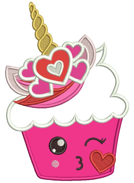 Unicorn Cupcake With Hearts Valentine's Day Applique Machine Embroidery Design Digitized Pattern