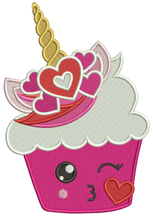 Unicorn Cupcake With Hearts Valentine's Day Filled Machine Embroidery Design Digitized Pattern