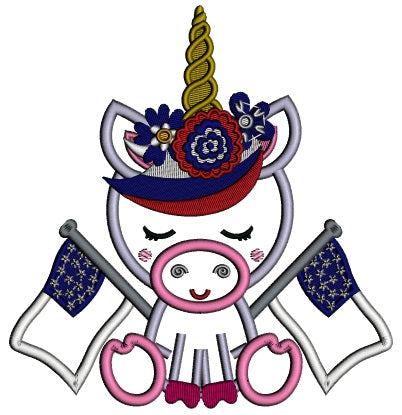 Unicorn Holding American Flags Applique Machine Embroidery Design Digitized Pattern