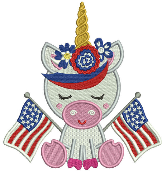 Unicorn Holding American Flags Filled Machine Embroidery Design Digitized Pattern