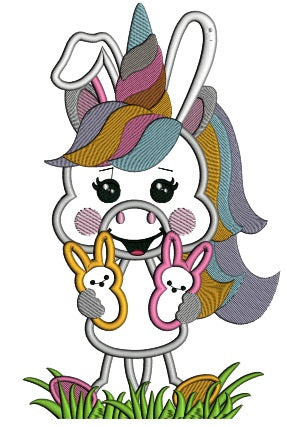 Unicorn Holding Two Easter Bunnies Applique Machine Embroidery Design Digitized Pattern
