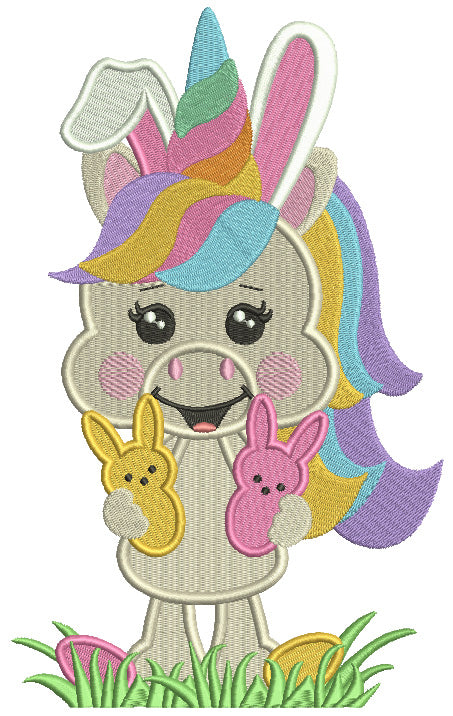 Unicorn Holding Two Easter Bunnies Filled Machine Embroidery Design Digitized Pattern