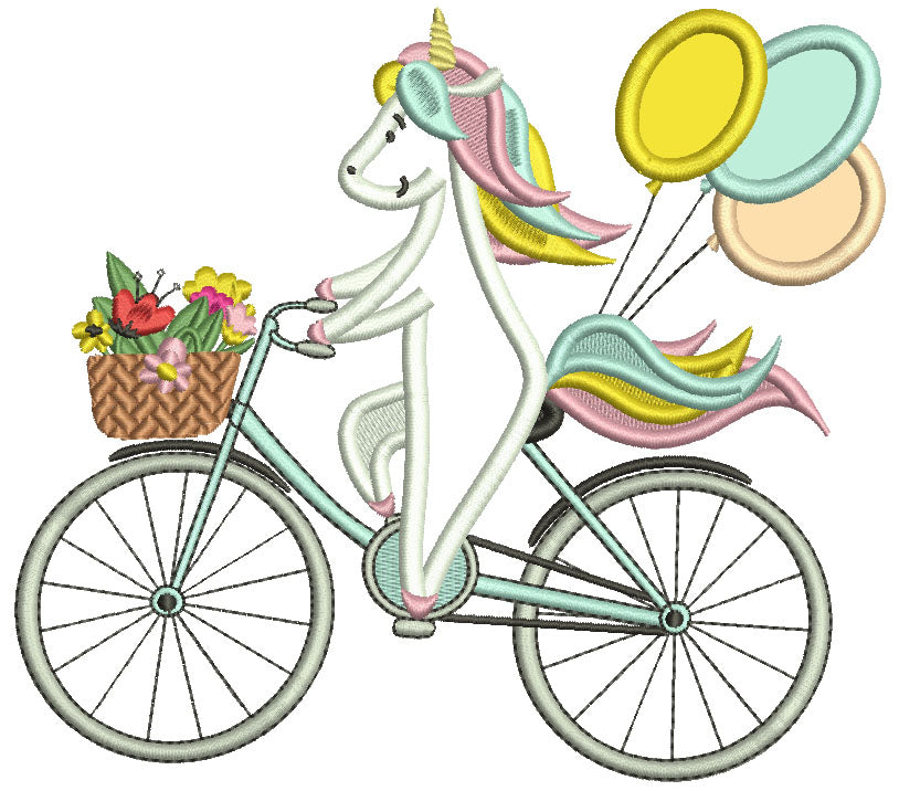 Unicorn Riding a Bicycle With Balloons Applique Machine Embroidery Design Digitized Pattern