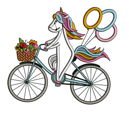Unicorn Riding a Bicycle With Balloons Applique Machine Embroidery Design Digitized Pattern