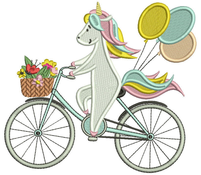 Unicorn Riding a Bicycle With Balloons Filled Machine Embroidery Design Digitized Pattern