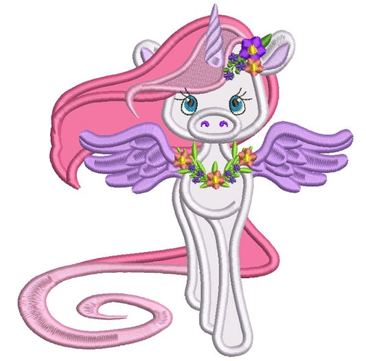 Unicorn With Gorgeous Wings And Hair Applique Machine Embroidery Design Digitized Pattern