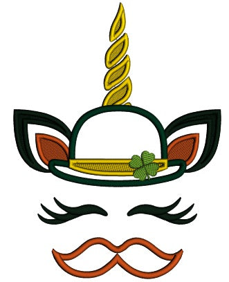 Unicorn With Mustache Wearing Irish Hat Applique St. Patrick's Day Machine Embroidery Design Digitized Pattern