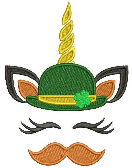 Unicorn With Mustache Wearing Irish Hat Filled St. Patrick's Day Machine Embroidery Design Digitized Pattern