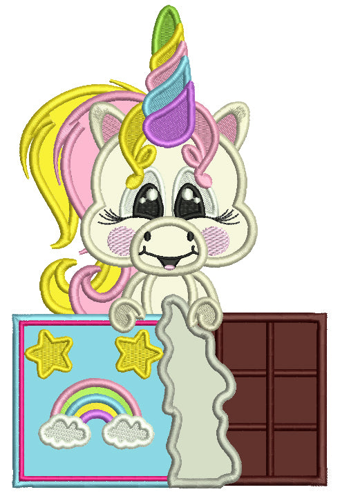 Unicorn With a Chocolate Bar Applique Machine Embroidery Design Digitized Pattern