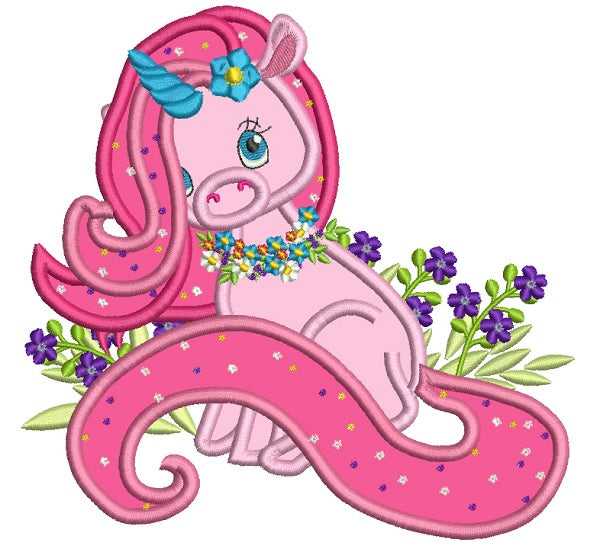 Unicorn With Flowers Applique Machine Embroidery Design Digitized Pattern