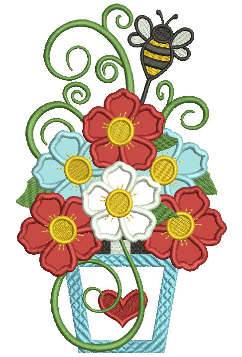 Vase With Beautiful Flowers And The Bee Applique Machine Embroidery Design Digitized Pattern