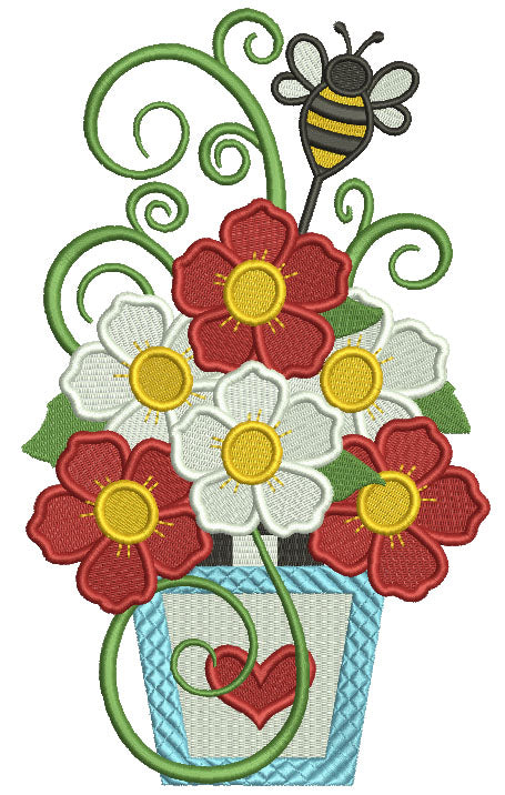 Vase With Beautiful Flowers And The Bee Filled Machine Embroidery Design Digitized Pattern