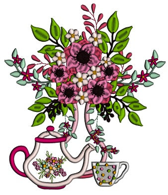 Vase With Flowers With Tea Kettle And Tea Cup Applique Machine Embroidery Design Digitized Pattern