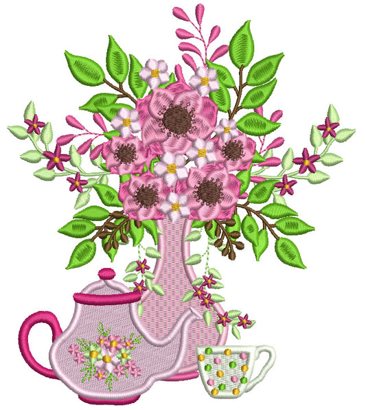 Vase With Flowers With Tea Kettle And Tea Cup Filled Machine Embroidery Design Digitized Pattern