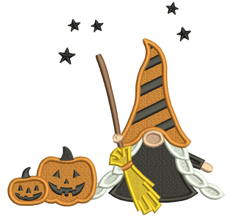 Gnome With a Broom And Pumpkins Halloween Filled Machine Embroidery Design Digitized Pattern