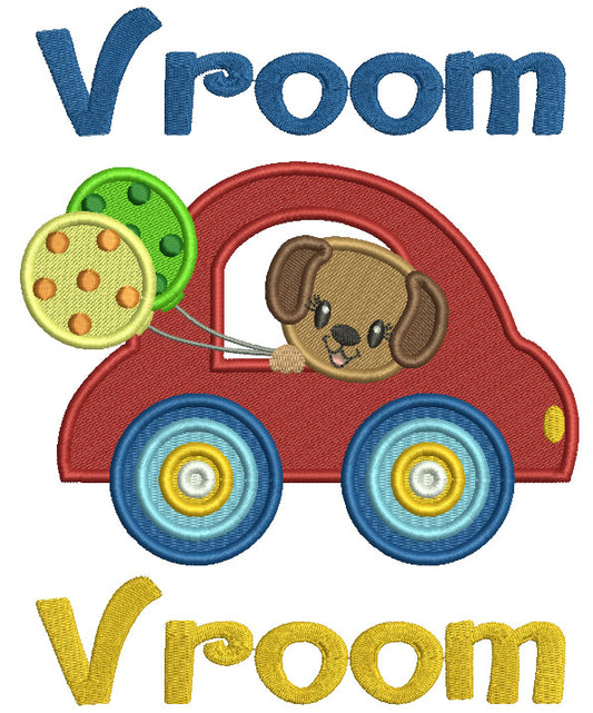 Vroom Cute Little Puppy Riding In Car Holding Balloons Filled Machine Embroidery Design Digitized Pattern