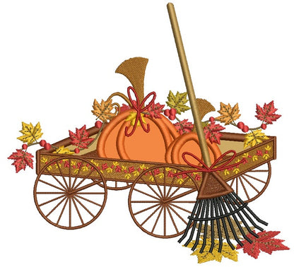 Wagon Pumpkin And a Rake Thanksgiving Applique Machine Embroidery Design Digitized Pattern
