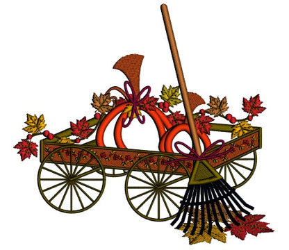 Wagon Pumpkin And a Rake Thanksgiving Applique Machine Embroidery Design Digitized Pattern