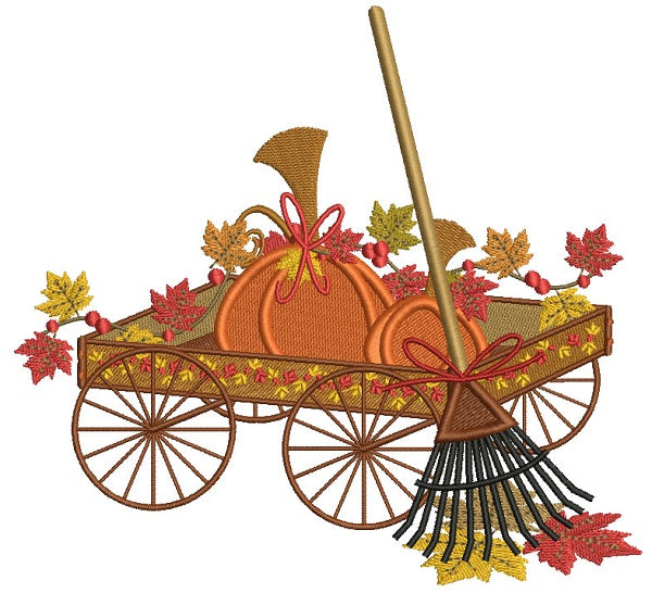 Wagon Pumpkin And a Rake Thanksgiving Filled Machine Embroidery Design Digitized Pattern