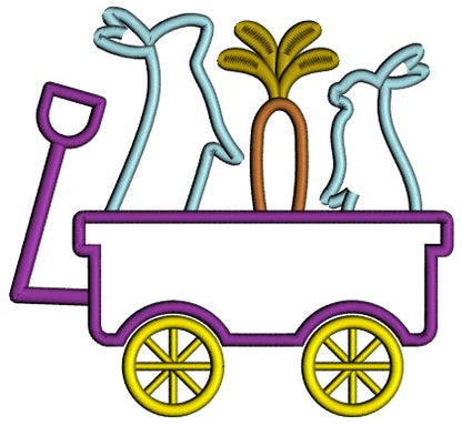 Wagon With Two Bunnies And Carrot Easter Applique Machine Embroidery Design Digitized Pattern