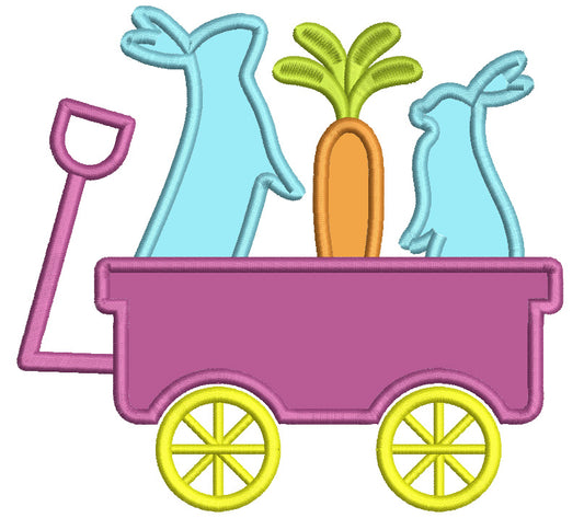 Wagon With Two Bunnies And Carrot Easter Applique Machine Embroidery Design Digitized Pattern