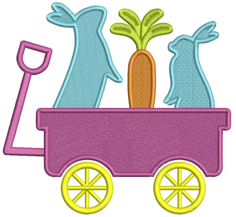 Wagon With Two Bunnies And Carrot Easter Filled Machine Embroidery Design Digitized Pattern
