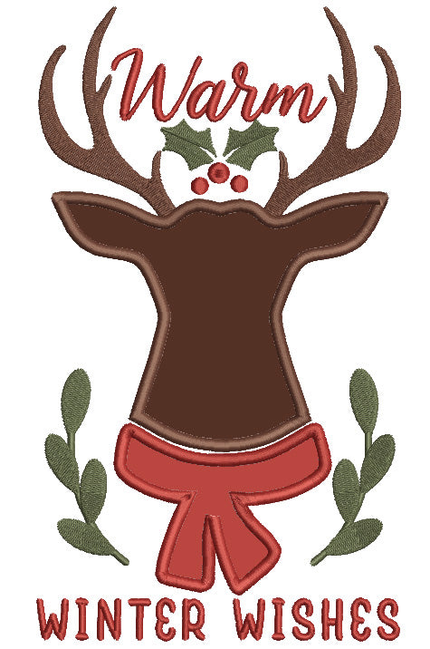 Warm Winter Wishes Deer Head Christmas Applique Machine Embroidery Design Digitized Pattern