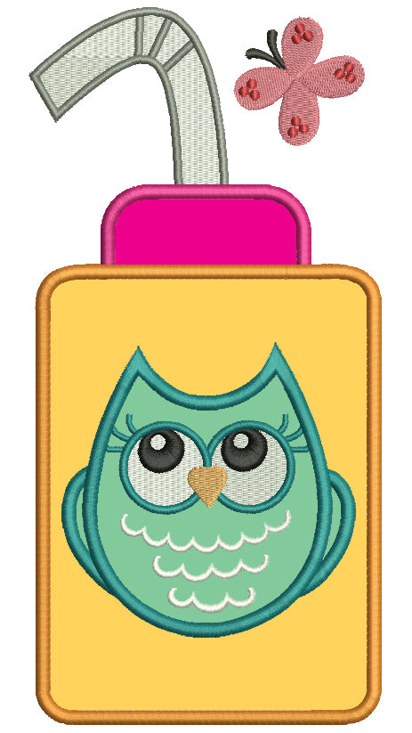Water Bottle With Cute Owl Applique Machine Embroidery Digitized Design Pattern