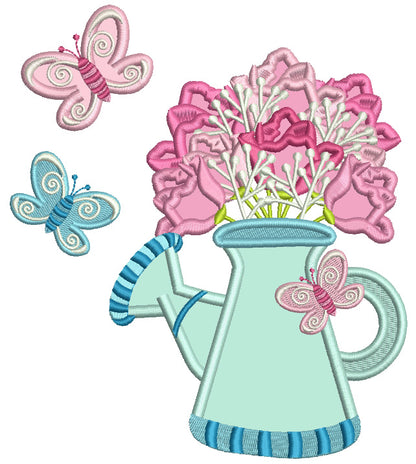 Watering Can With FLowers And Butterflies Applique Machine Embroidery Design Digitized Pattern