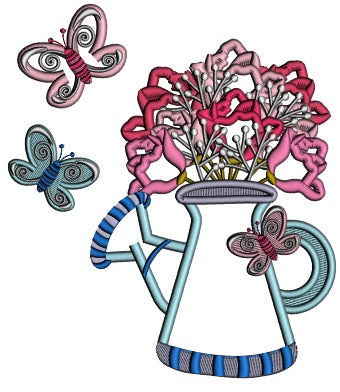 Watering Can With FLowers And Butterflies Applique Machine Embroidery Design Digitized Pattern
