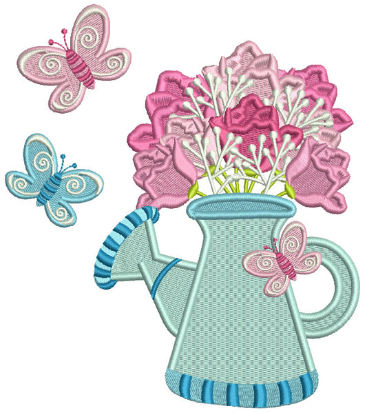 Watering Can With FLowers And Butterflies Filled Machine Embroidery Design Digitized Pattern