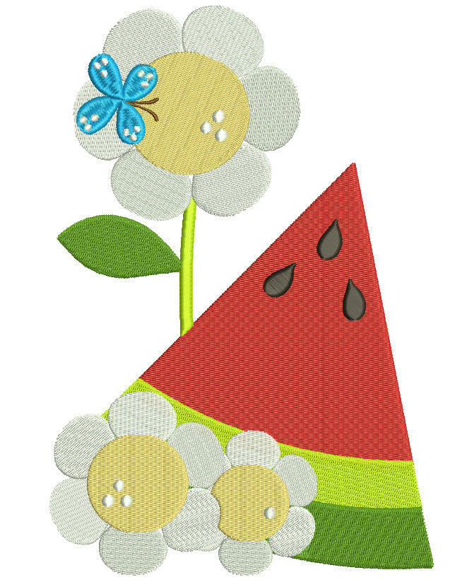 Watermelon Slice And Flowers Filled Machine Embroidery Digitized Design Pattern
