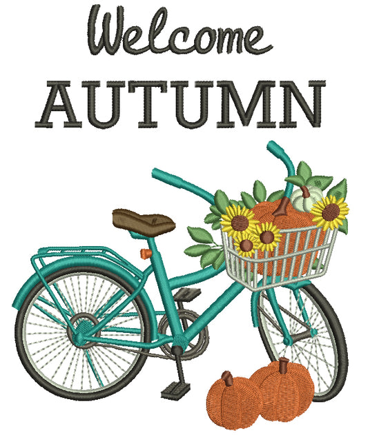 Welcome Autumn Bicicle With Pumpkins Fall Filled Machine Embroidery Design Digitized Pattern
