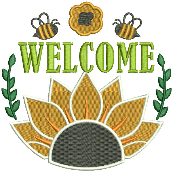 Welcome Two Bees And Flower Filled Machine Embroidery Design Digitized Pattern