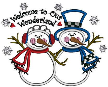 Welcome to Our Wonderland Snowman With Snowflakes Christmas Applique Machine Embroidery Digitized Design Pattern