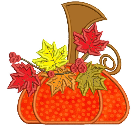 Whimsical Pumpkin With Leaves Fall Thanksgiving Applique Machine Embroidery Digitized Design Pattern