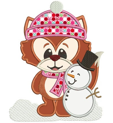 Winter Fox with Snowman Applique Machine Embroidery Digitized Design Pattern