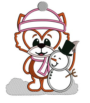 Winter Fox with Snowman Applique Machine Embroidery Digitized Design Pattern
