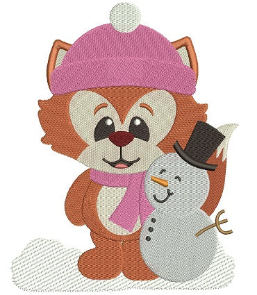 Winter Fox with Snowman Filled Machine Embroidery Digitized Design Pattern